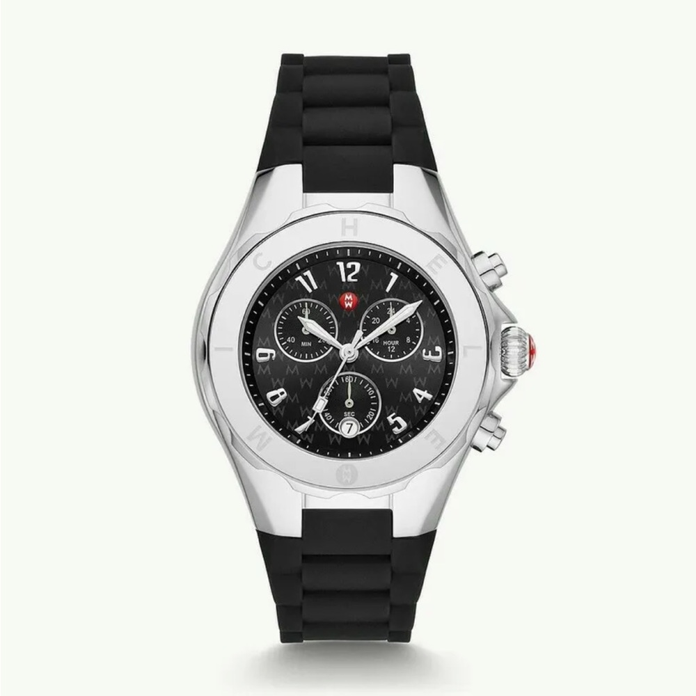 Michele Jellybean Silver Tone MWW12F000093 Black Dial Silicone Strap Watch